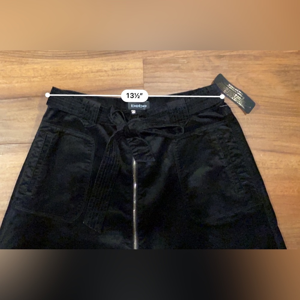 Bebe Black Corduroy A-Line Skirt w Front Zip, Pockets and Tie Belt Size 10 NWT - Picture 13 of 13